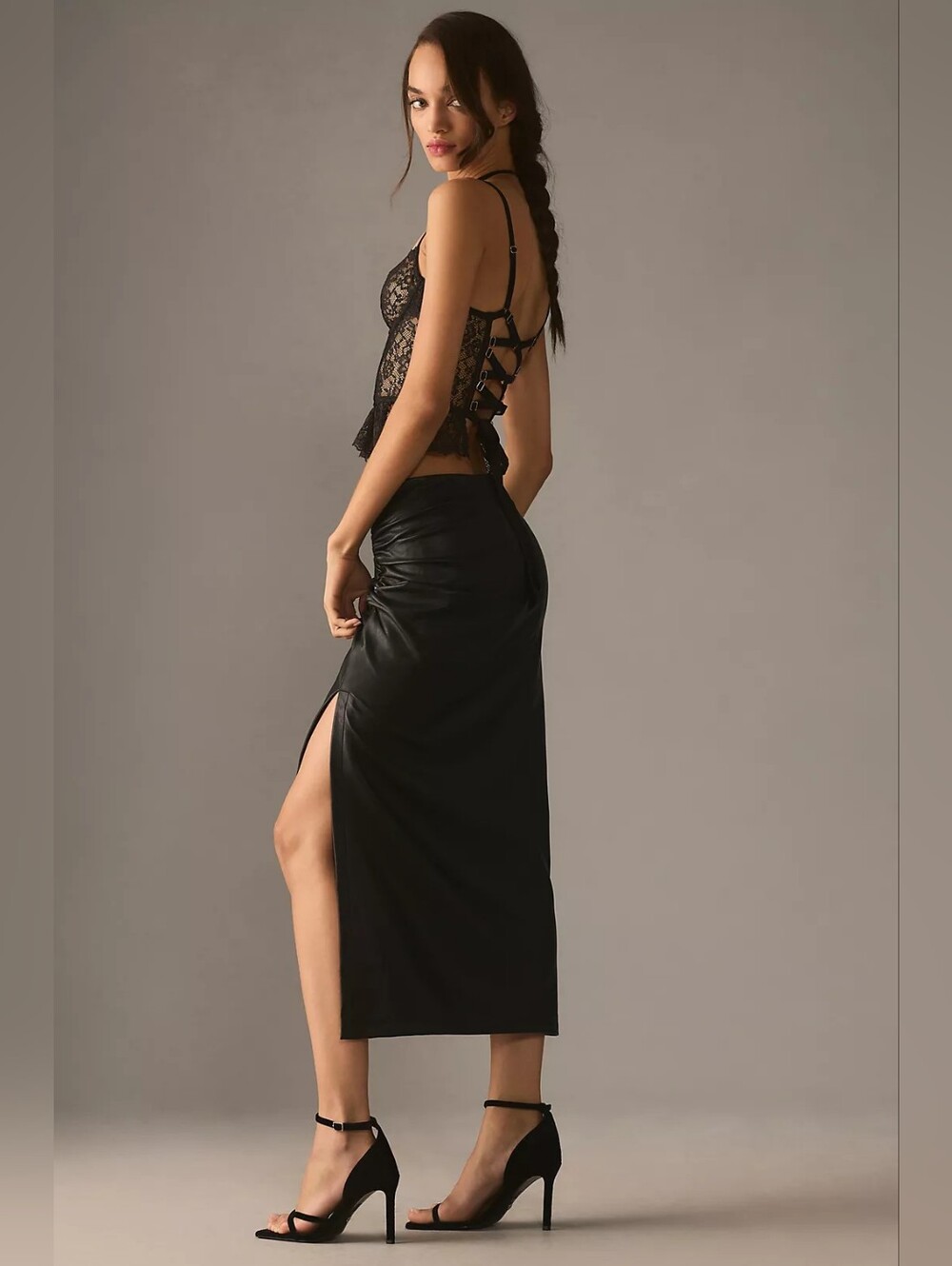 Anthropologie The Maya Ruched Side Slit Vegan Leather Midi Skirt In S - Picture 2 of 10